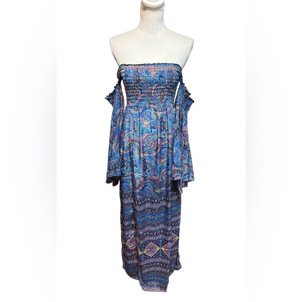Karma Highway Silky Maxi Dress OS Long Off Shoulder Flare Sleeves Smocked Boho